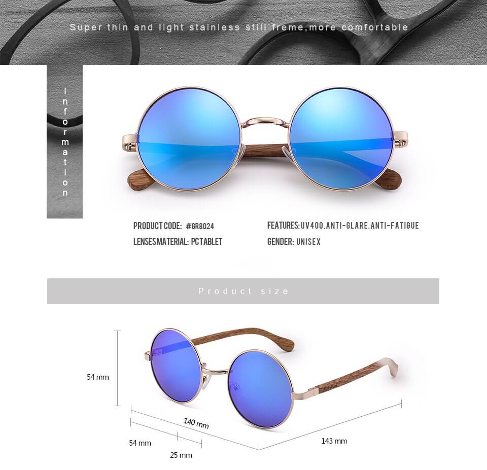 HU WOOD Trendy Steampunk Sunglasses Men Women Retro Sun Glasses Round Natural Wood Frame Log Eyewear UV400 Daily Fishing GR8024