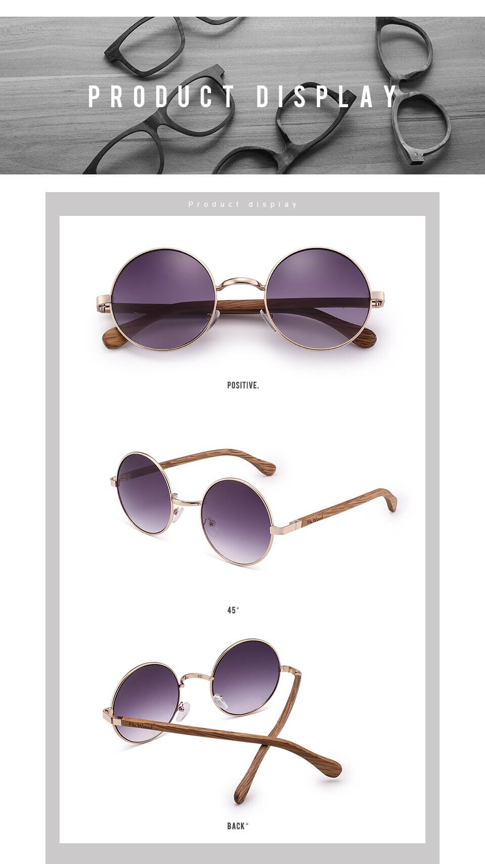 HU WOOD Trendy Steampunk Sunglasses Men Women Retro Sun Glasses Round Natural Wood Frame Log Eyewear UV400 Daily Fishing GR8024